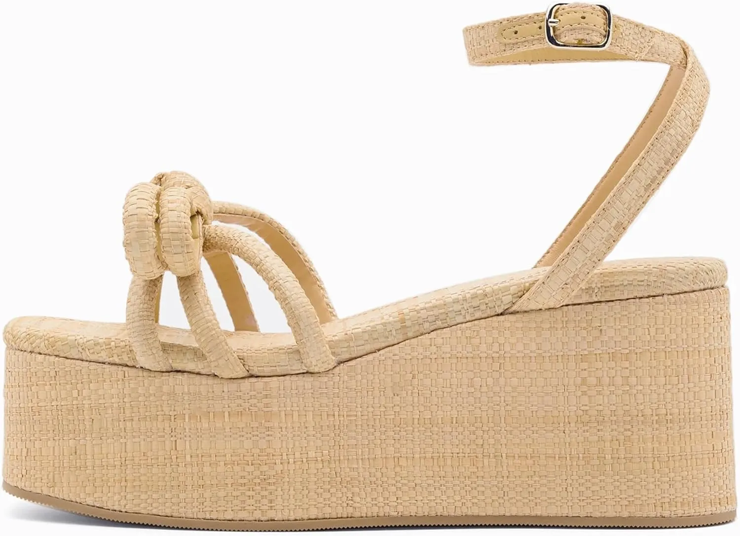 Raffia Platform Sandals for Women,Bow Ankle Strappy Espadrille Wedges Sandals Comfortable Square Open Toe Straw Sandals