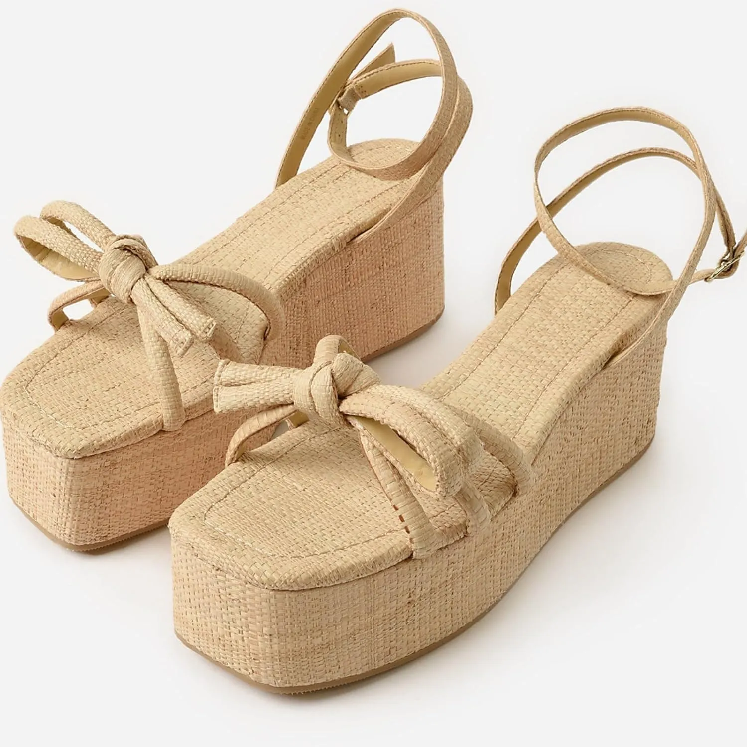 Raffia Platform Sandals for Women,Bow Ankle Strappy Espadrille Wedges Sandals Comfortable Square Open Toe Straw Sandals