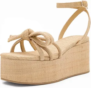Raffia Platform Sandals for Women,Bow Ankle Strappy Espadrille Wedges Sandals Comfortable Square Open Toe Straw Sandals