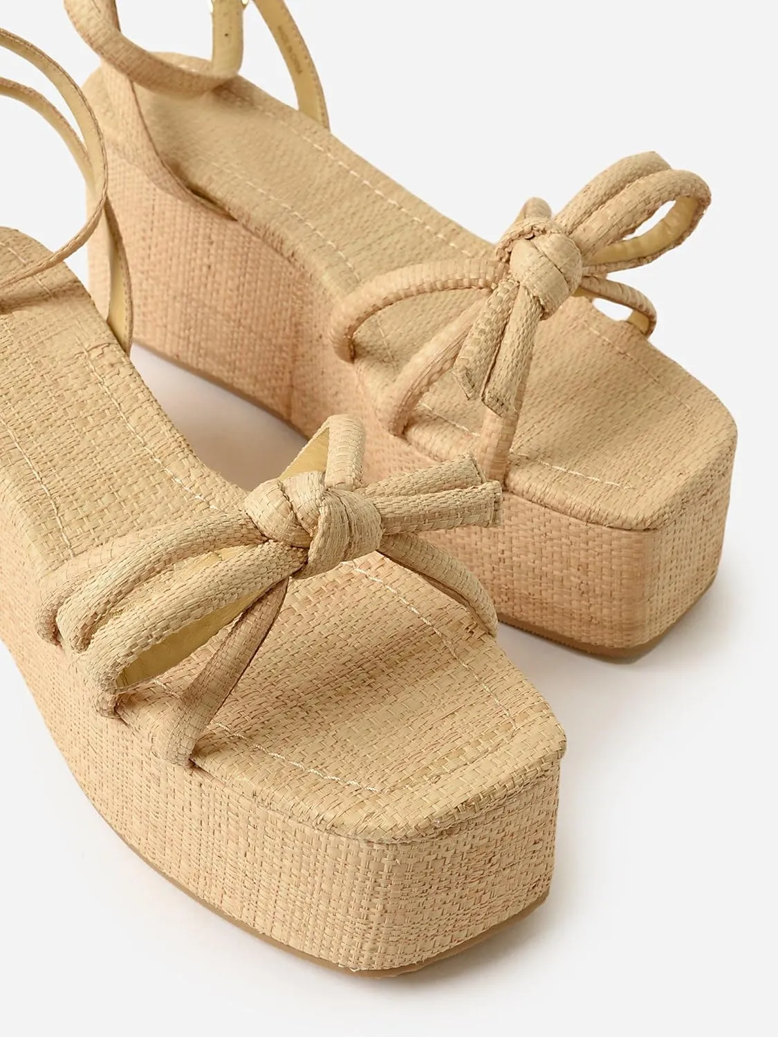 Raffia Platform Sandals for Women,Bow Ankle Strappy Espadrille Wedges Sandals Comfortable Square Open Toe Straw Sandals