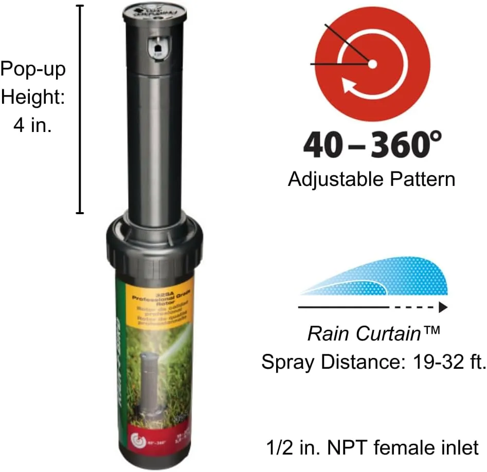 Rain Bird 32SA/4PKS Simple Adjust 32SA Gear Drive Rotor, Adjustable 40° - 360° Pattern, 19' - 32' Spray Distance, 4-Pack