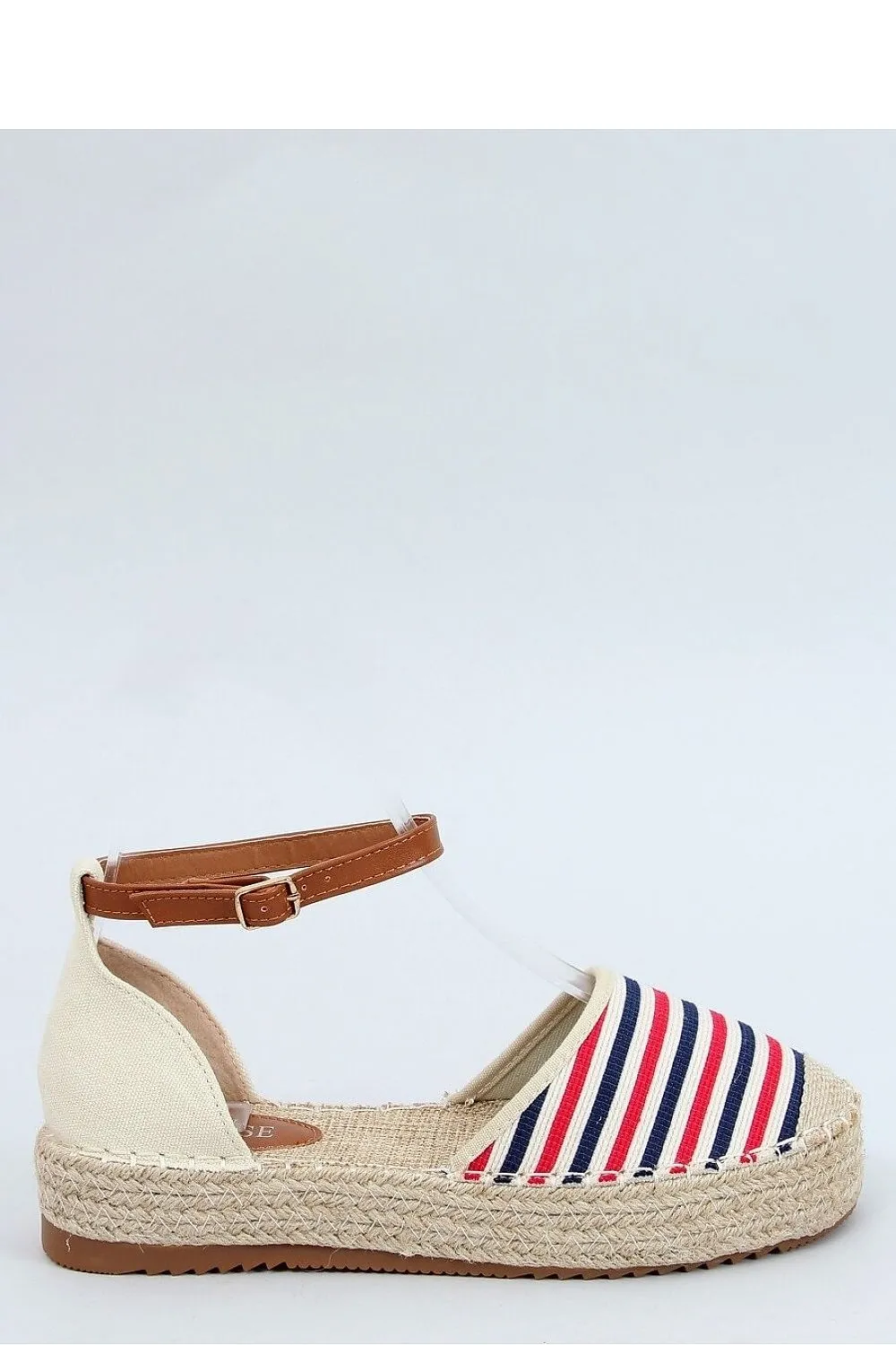 Red & Navy Striped Canvas Platform Espadrilles with Jute Cap Toe & Ankle Strap