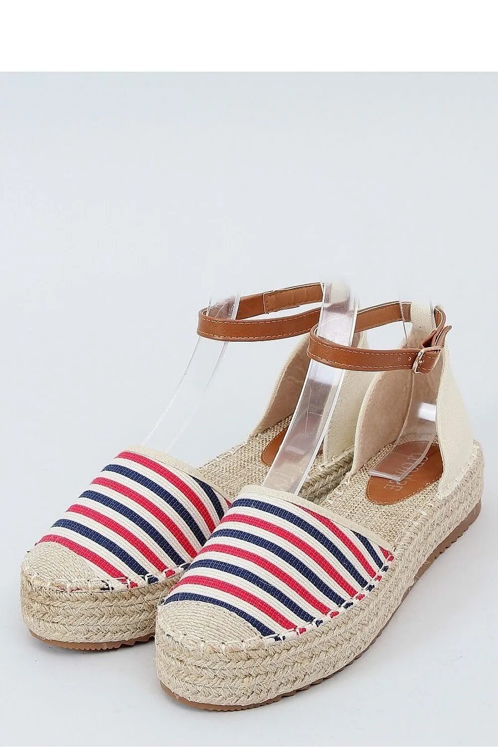 Red & Navy Striped Canvas Platform Espadrilles with Jute Cap Toe & Ankle Strap