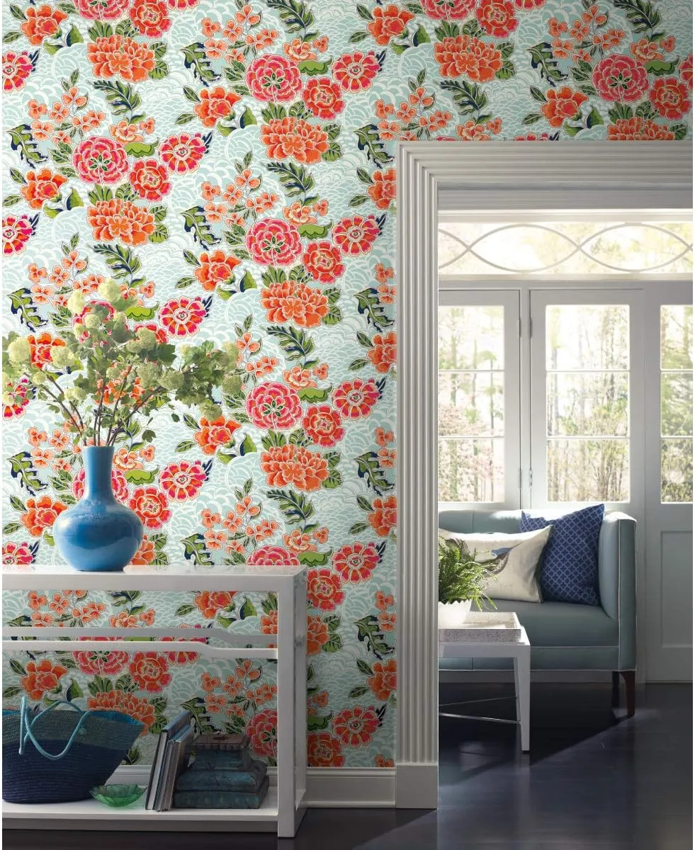 RoomMates Waverly RMK11854RL Zen Garden Peel and Stick Wallpaper (18 in x 18.86 ft) – Easy Application, No Sticky Residue – Blue and Pink