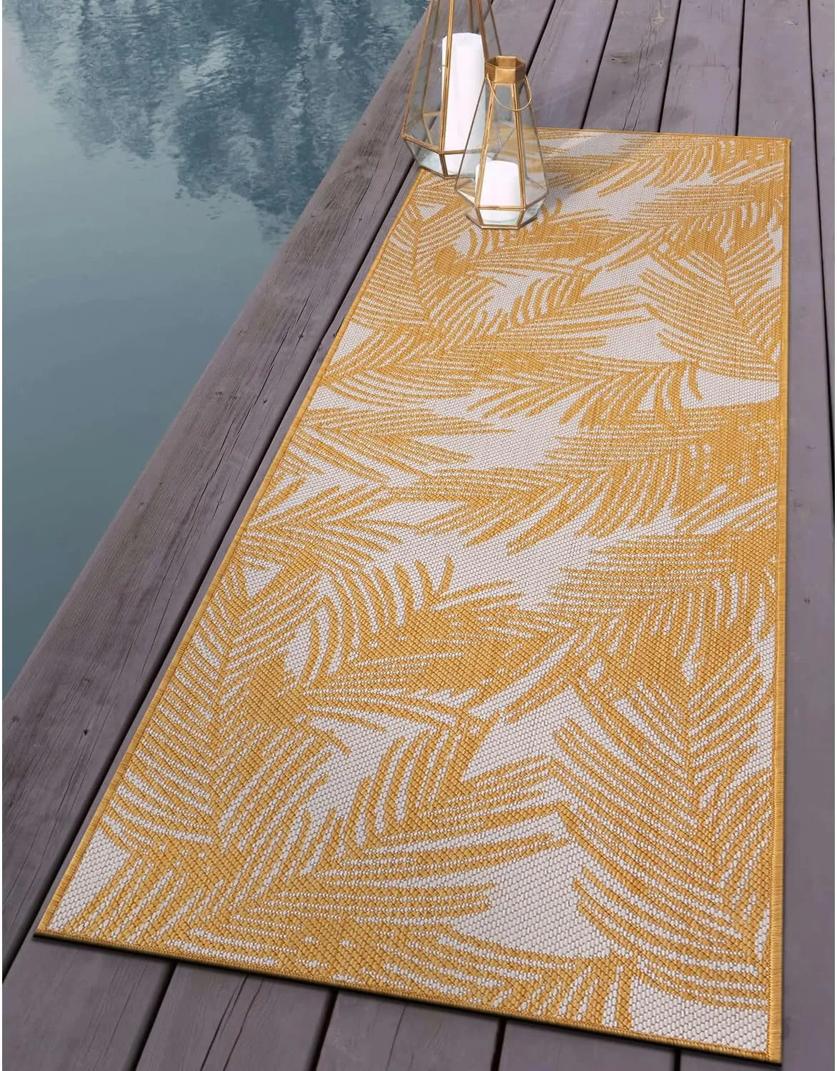 Rugshop Contemporary Distressed Leaves Textured Flat Weave Easy Cleaning Outdoor Rugs for Deck,Patio,Backyard Indoor/Outdoor Runner Rug 2' x 7' Yellow