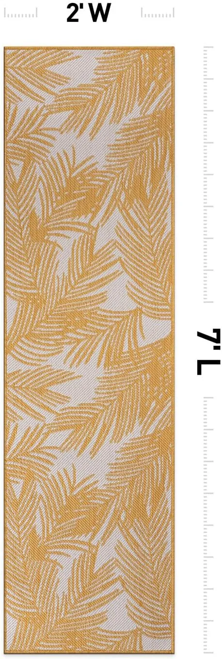 Rugshop Contemporary Distressed Leaves Textured Flat Weave Easy Cleaning Outdoor Rugs for Deck,Patio,Backyard Indoor/Outdoor Runner Rug 2' x 7' Yellow