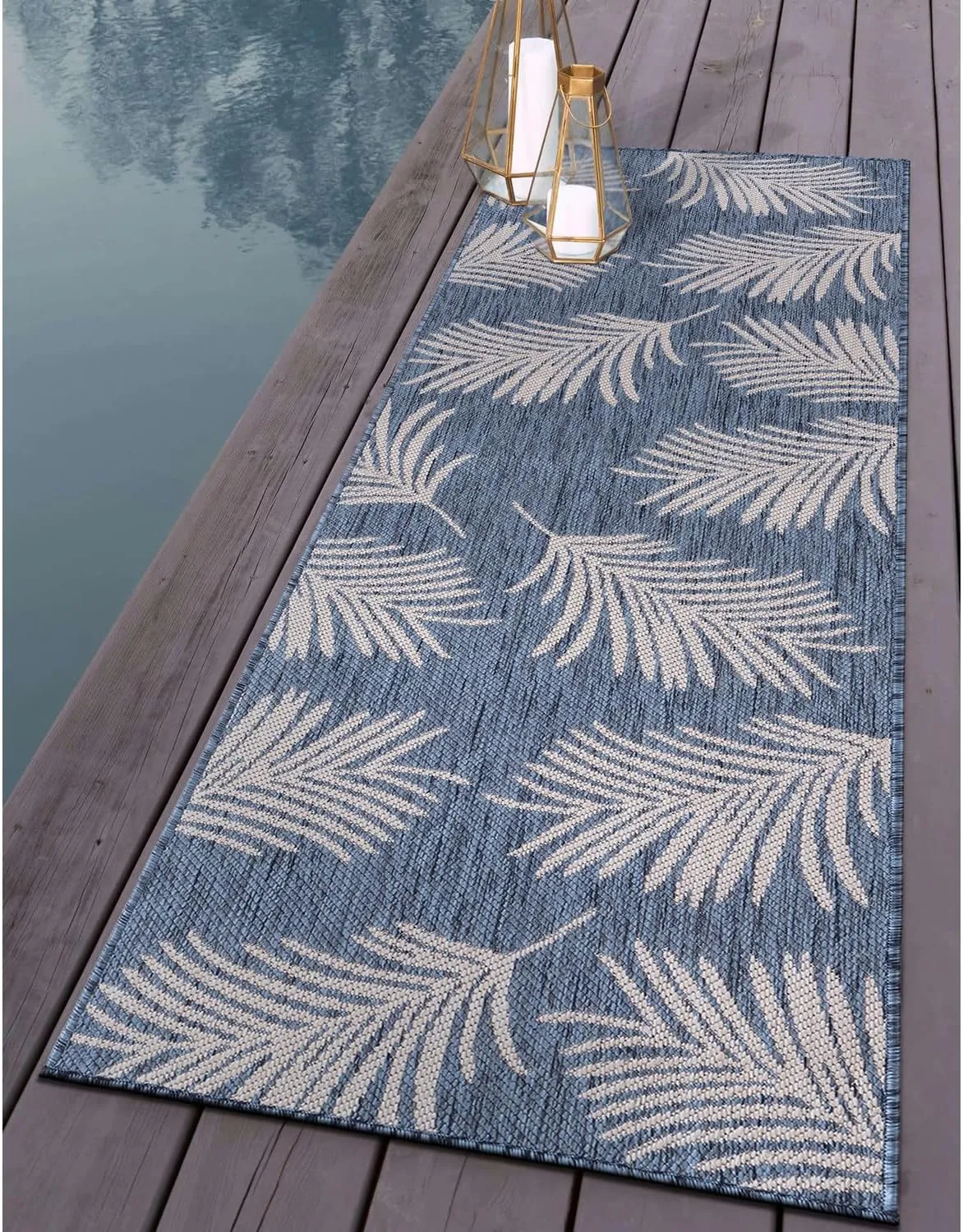 Rugshop Contemporary Palm Leaves Textured Flat Weave Easy Cleaning Outdoor Rugs for Deck,Patio,Backyard Indoor/Outdoor Runner Rug 2' x 7' Blue