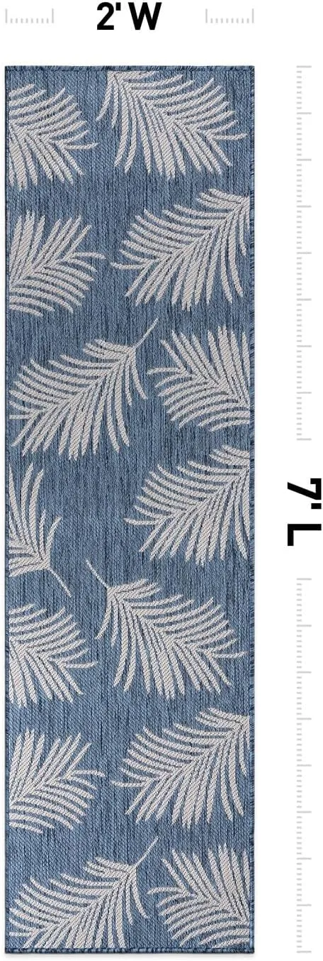 Rugshop Contemporary Palm Leaves Textured Flat Weave Easy Cleaning Outdoor Rugs for Deck,Patio,Backyard Indoor/Outdoor Runner Rug 2' x 7' Blue