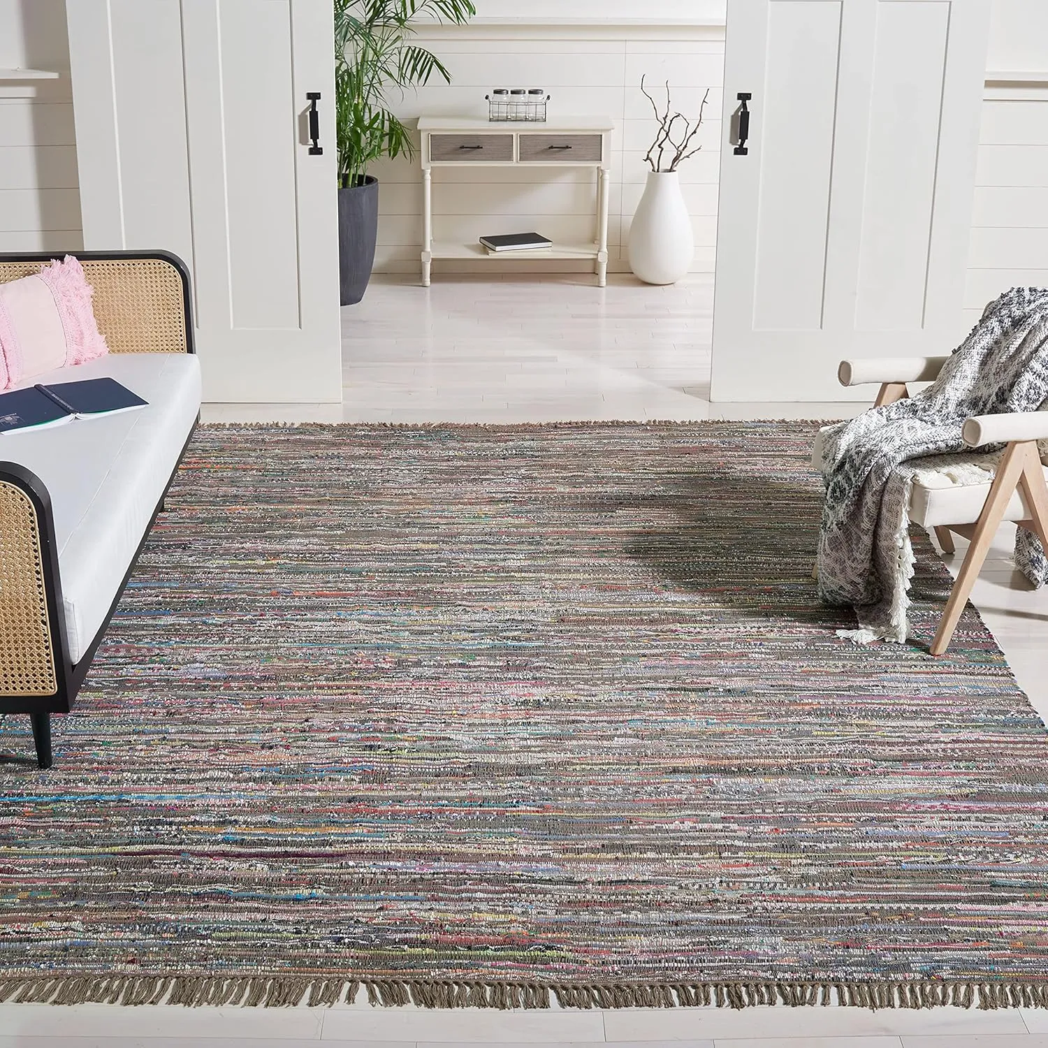 SAFAVIEH Rag Rug Collection Area Rug - 8' x 10', Rust & Multi, Handmade Boho Stripe Cotton, Ideal for High Traffic Areas in Living Room, Bedroom (RAR121E)