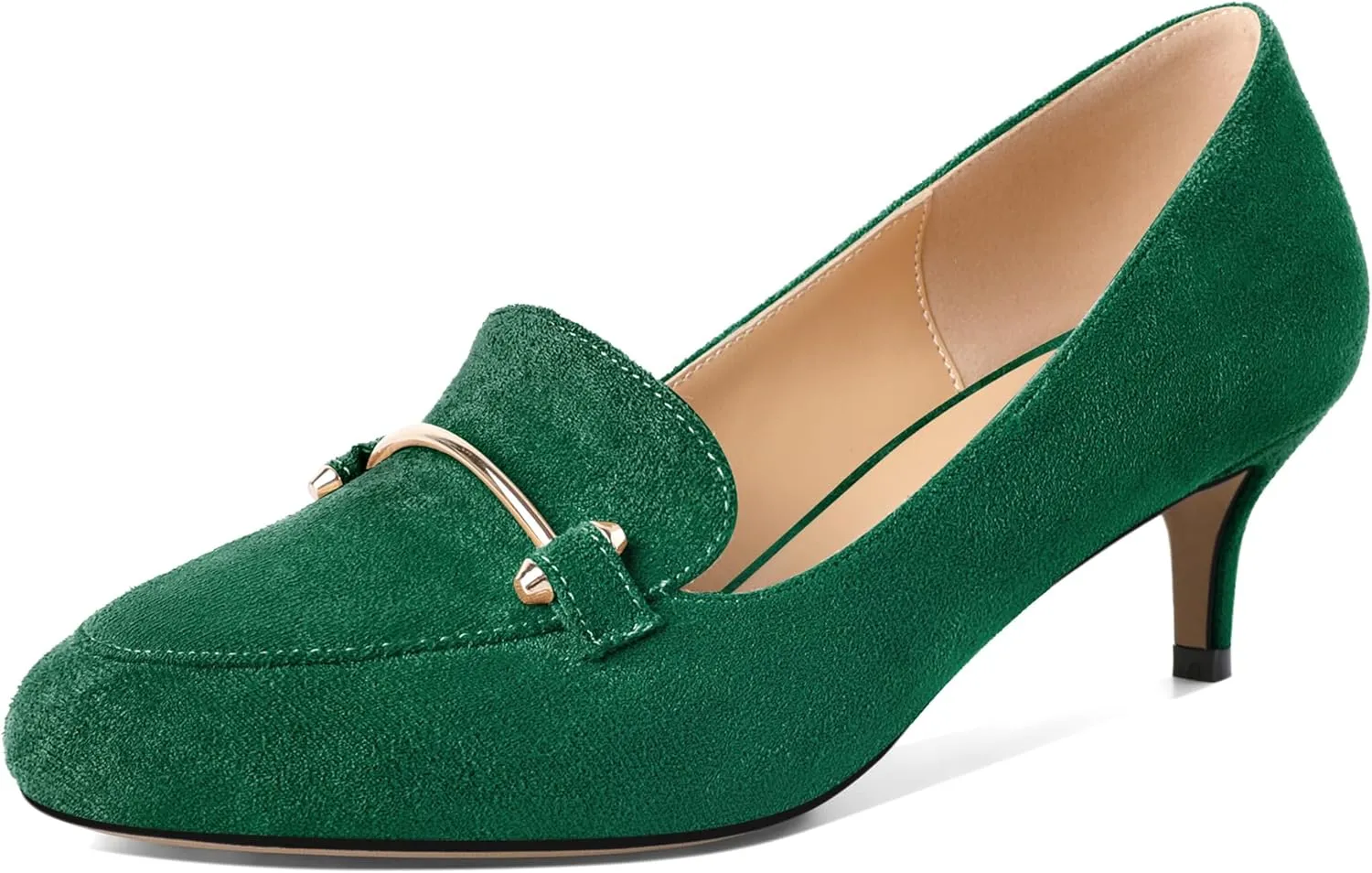 SAMMITOP Womens Kitten Heel Pumps Closed Round Toe Low Heel Slip On Loafer Pumps with Metal Chain Buckle Comfort Dress Work Shoes 2 Inch