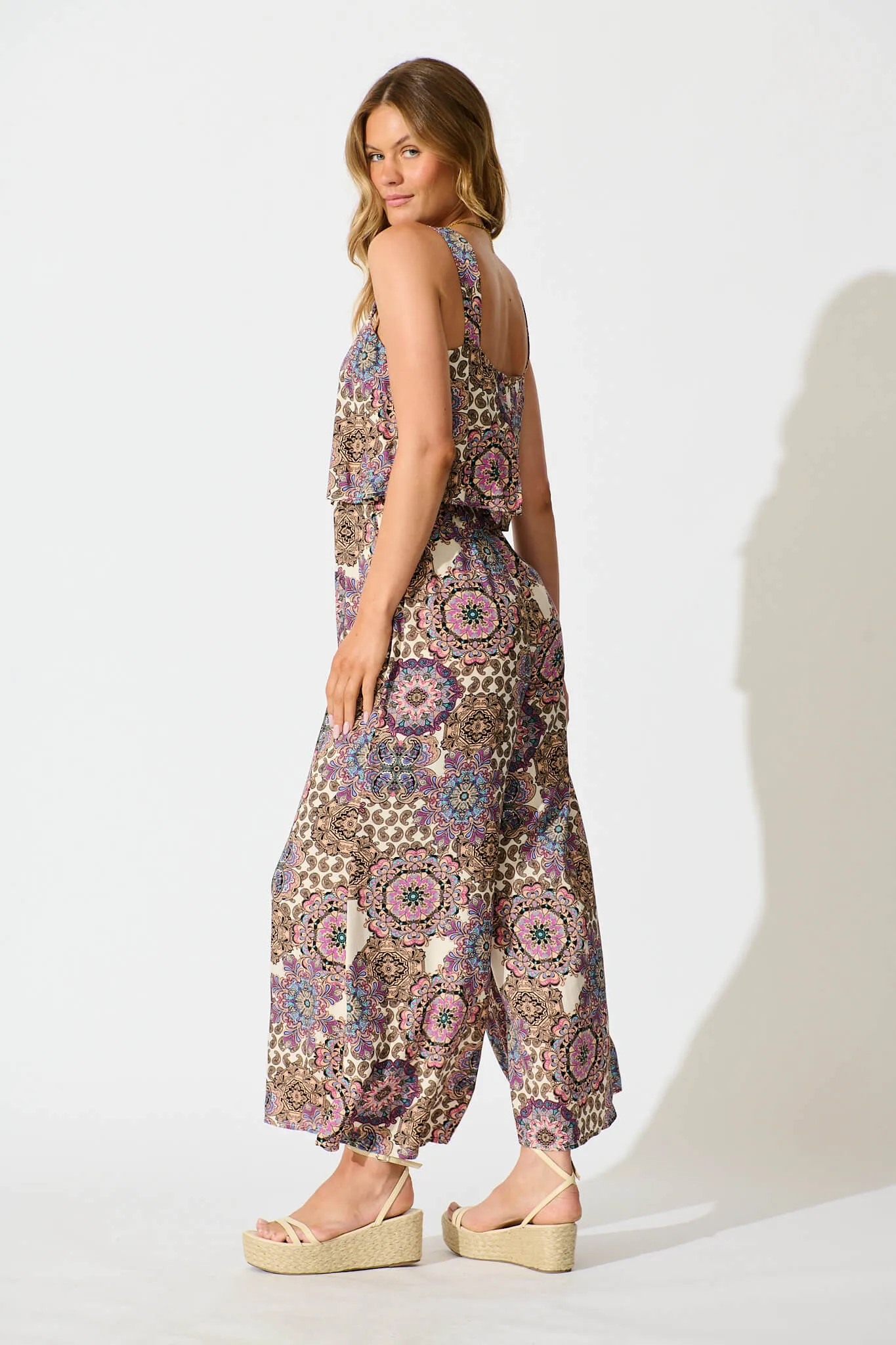 Sandcastle Jumpsuit In Cream With Purple Paisley
