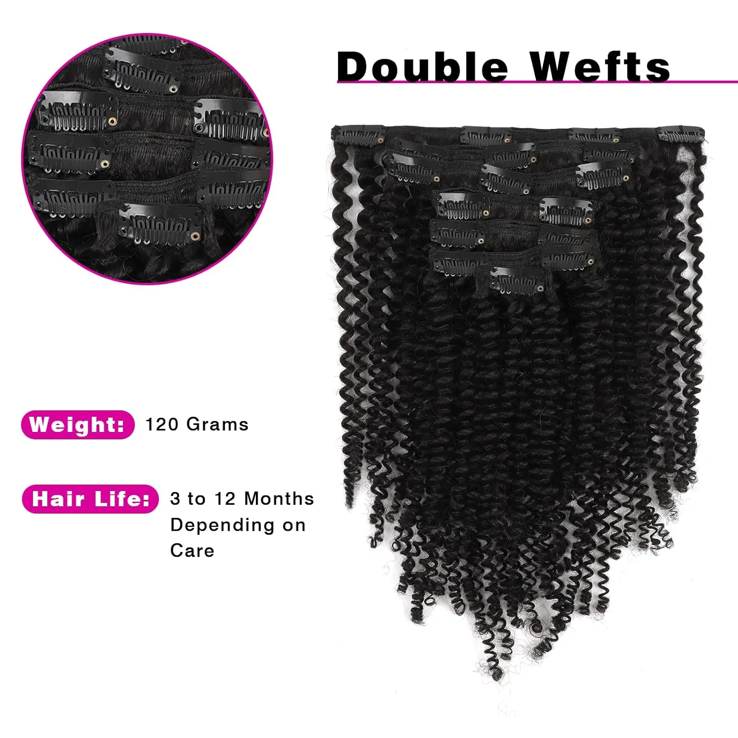 Sassina Real Thick Clip in Human Hair Extensions Kinky Curly Style 3B 3C Natural Color For African Americans Afro Kinky Curly Clip on 7Pcs-lot 120Grams-set, KC 14 Inch