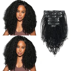 Sassina Real Thick Clip in Human Hair Extensions Kinky Curly Style 3B 3C Natural Color For African Americans Afro Kinky Curly Clip on 7Pcs-lot 120Grams-set, KC 14 Inch