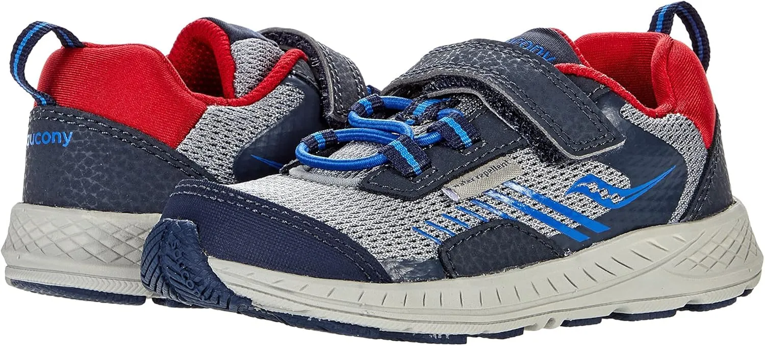 Saucony Wind Shield Alternative Closure Jr. Running Shoe, Navy/Grey/Red, 4 X-Wide US Unisex Little_Kid