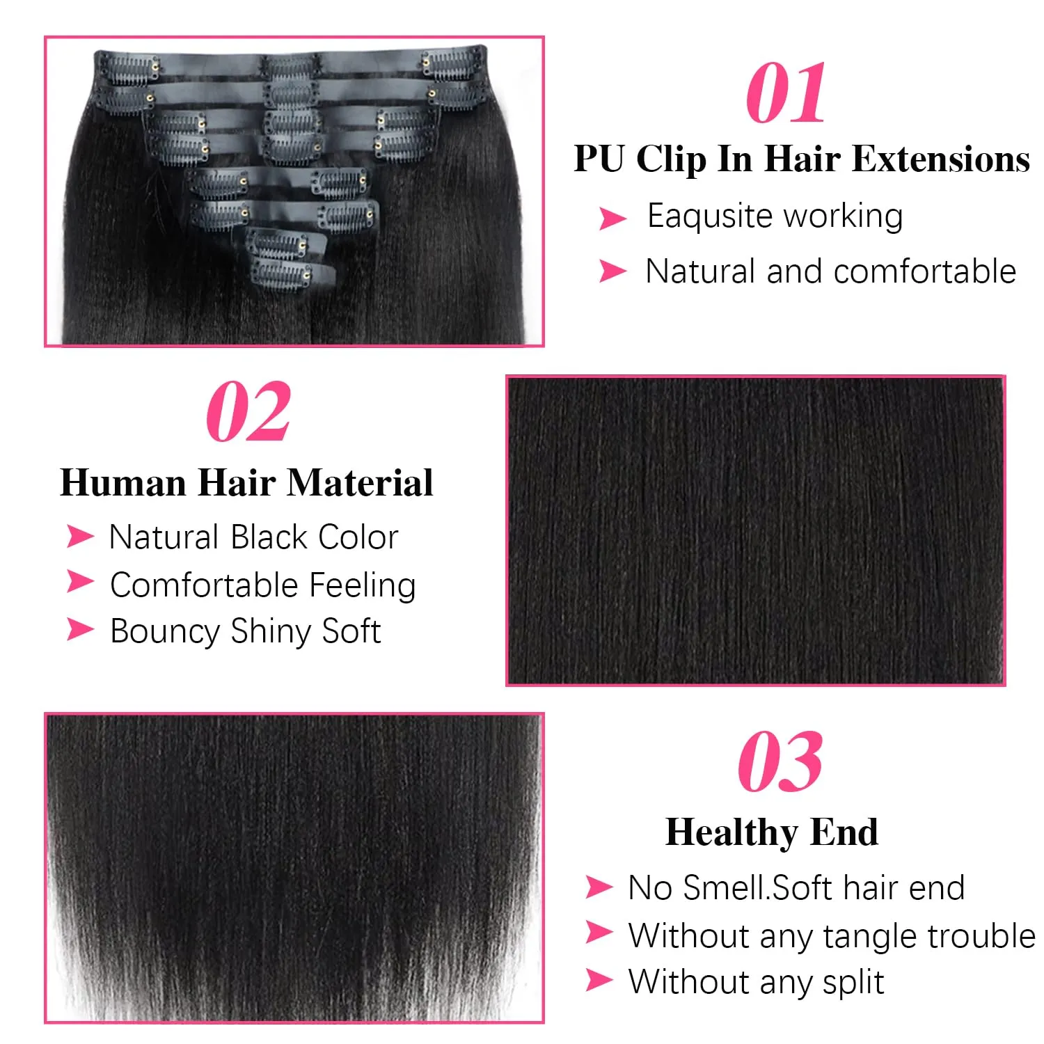 Seamless PU Yaki Straight Clip in Hair Extensions Real Human Hair For Women Invisible Yaki Straight Clip ins (12inch,#1B)