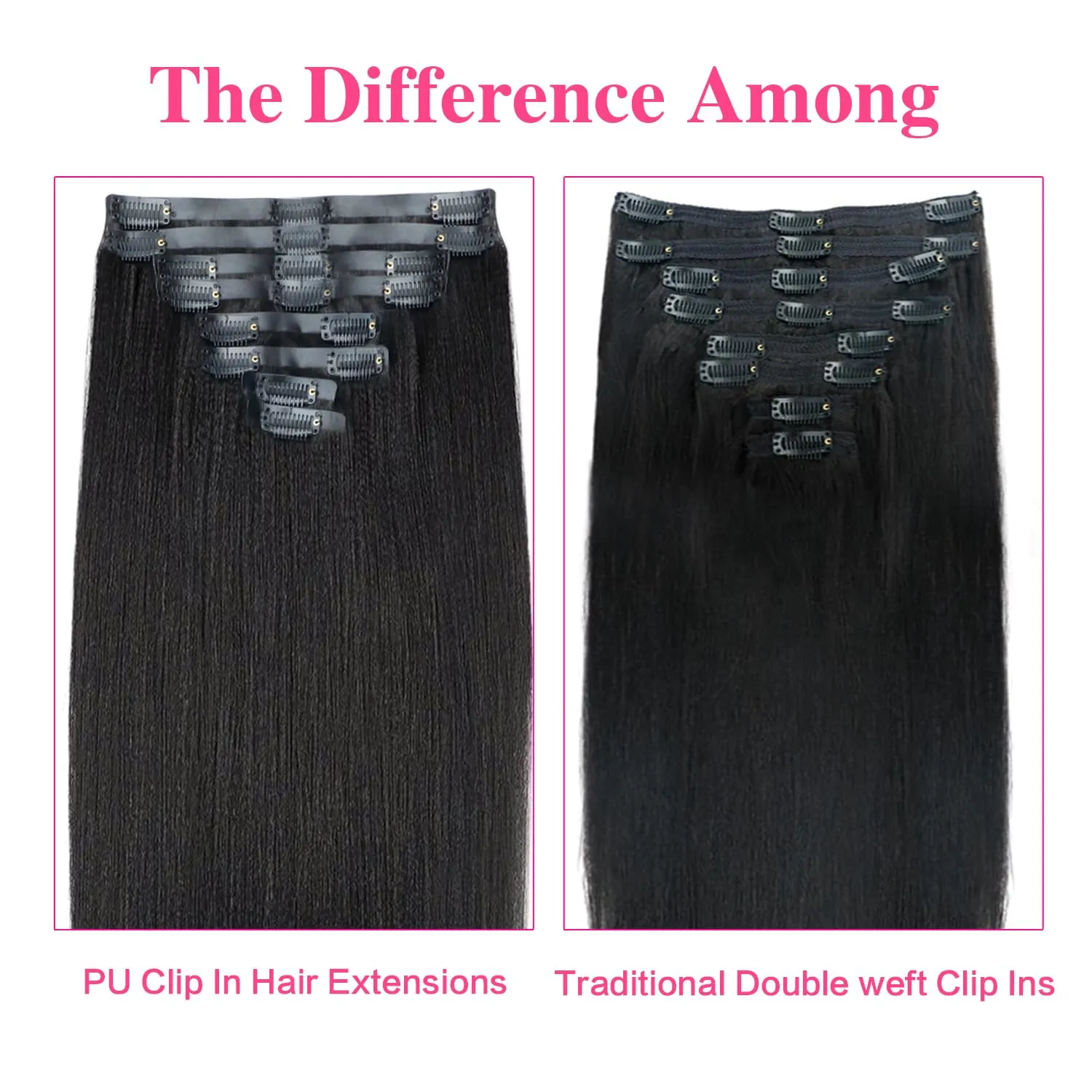 Seamless PU Yaki Straight Clip in Hair Extensions Real Human Hair For Women Invisible Yaki Straight Clip ins (12inch,#1B)
