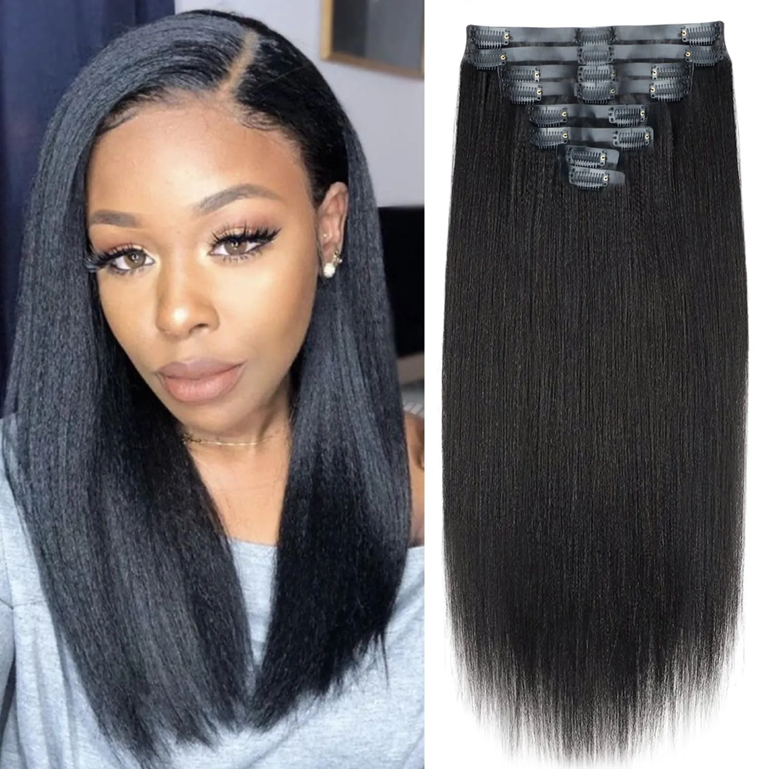Seamless PU Yaki Straight Clip in Hair Extensions Real Human Hair For Women Invisible Yaki Straight Clip ins (12inch,#1B)