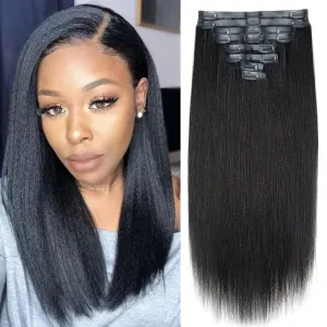 Seamless PU Yaki Straight Clip in Hair Extensions Real Human Hair For Women Invisible Yaki Straight Clip ins (12inch,#1B)
