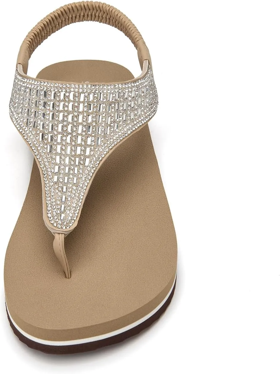 SelenePair Women's T-strap Thong Flat Sandals Summer Rhinestone Bling Elastic Yoga Mat Flip Flops