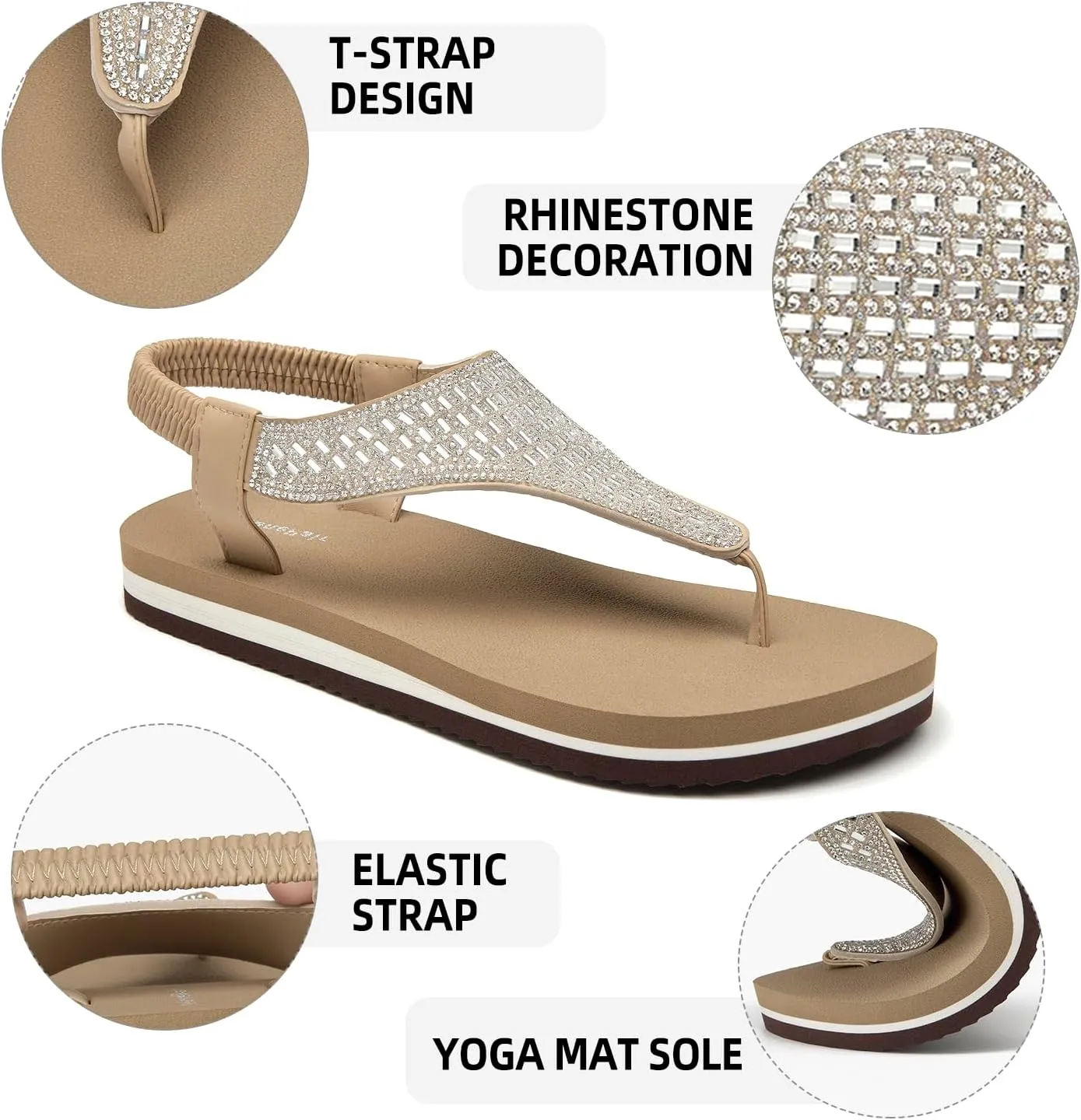 SelenePair Women's T-strap Thong Flat Sandals Summer Rhinestone Bling Elastic Yoga Mat Flip Flops