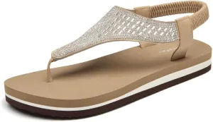 SelenePair Women's T-strap Thong Flat Sandals Summer Rhinestone Bling Elastic Yoga Mat Flip Flops