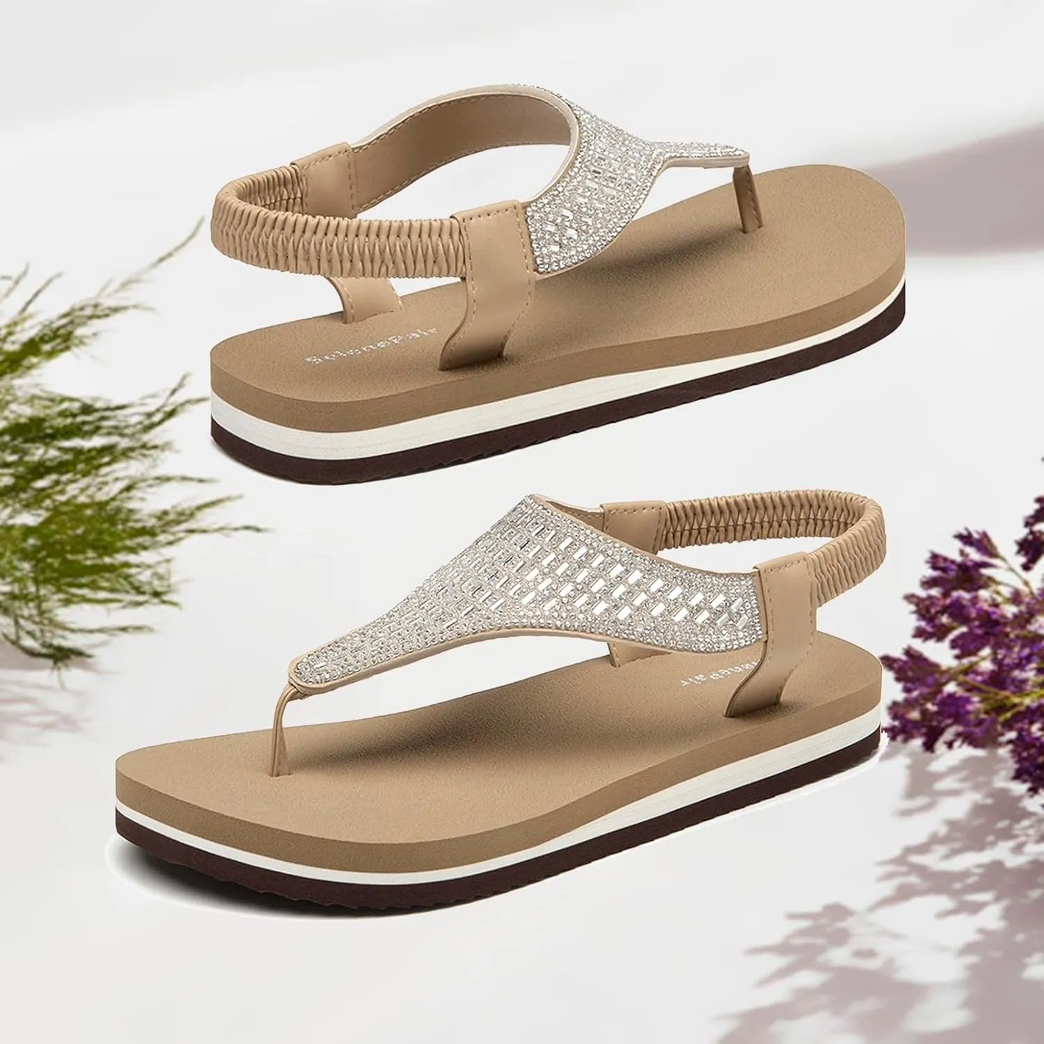 SelenePair Women's T-strap Thong Flat Sandals Summer Rhinestone Bling Elastic Yoga Mat Flip Flops