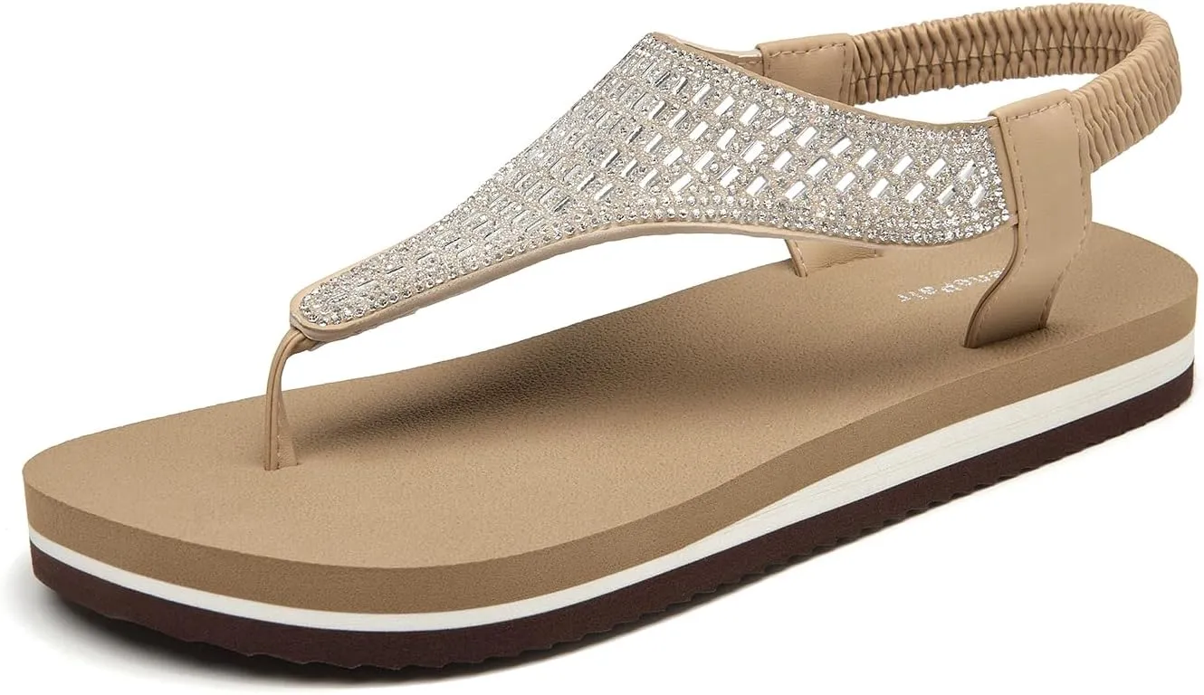 SelenePair Women's T-strap Thong Flat Sandals Summer Rhinestone Bling Elastic Yoga Mat Flip Flops