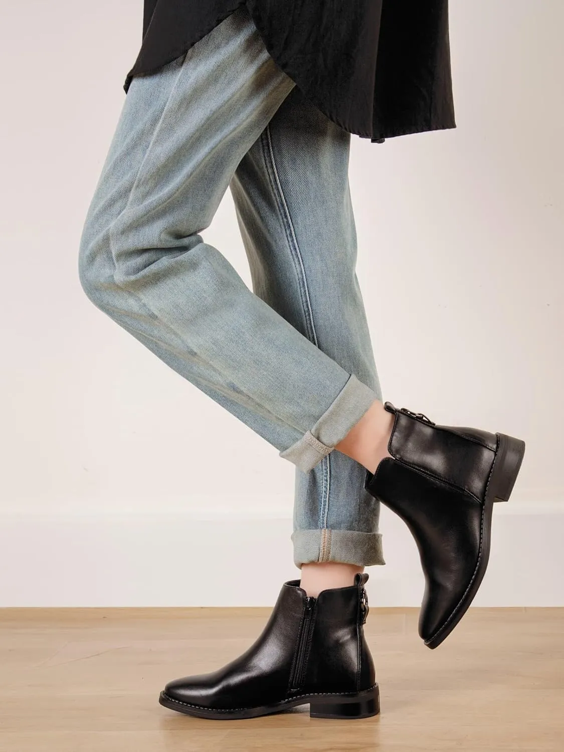 Shoe'N Tale Women's Ankle Boots Classic Flat Low Heel Pointed Toe Buckle Slip On Zip Fashion Comfortable Booties