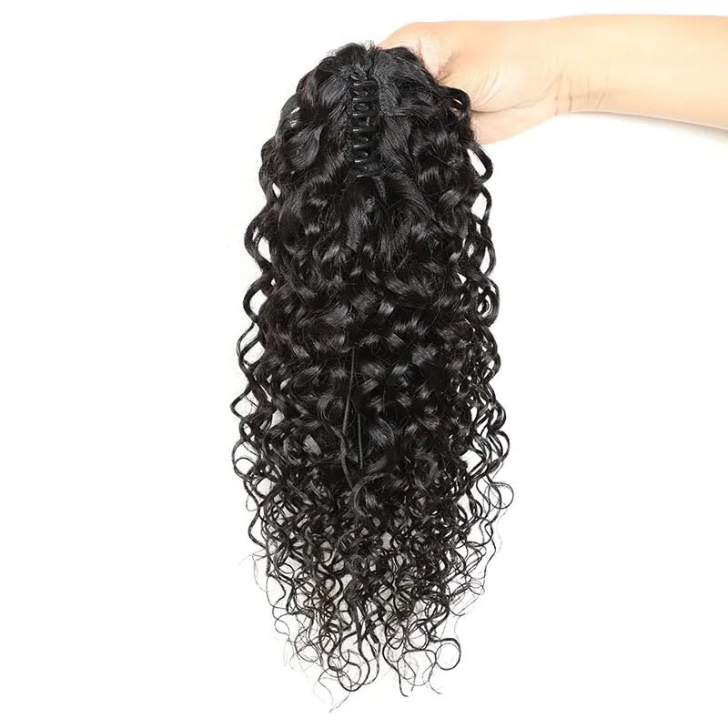 Short Ponytail Extensions Claw 8" Water Wave Wavy Clip Human Hair Hairpiece One Piece with A Jaw Natural Curly Pony Tails for Women Black