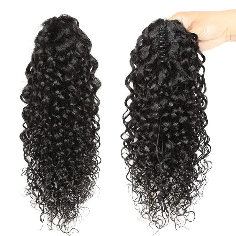 Short Ponytail Extensions Claw 8" Water Wave Wavy Clip Human Hair Hairpiece One Piece with A Jaw Natural Curly Pony Tails for Women Black