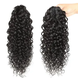 Short Ponytail Extensions Claw 8" Water Wave Wavy Clip Human Hair Hairpiece One Piece with A Jaw Natural Curly Pony Tails for Women Black