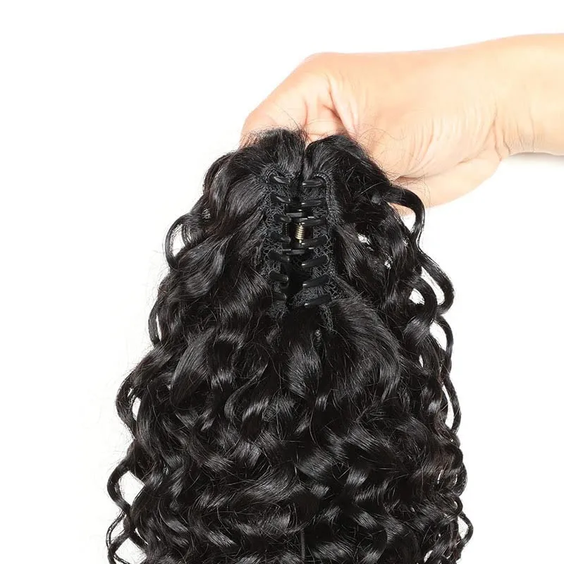 Short Ponytail Extensions Claw 8" Water Wave Wavy Clip Human Hair Hairpiece One Piece with A Jaw Natural Curly Pony Tails for Women Black