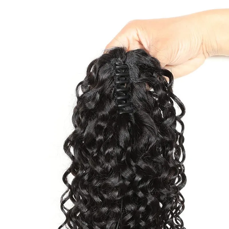 Short Ponytail Extensions Claw 8" Water Wave Wavy Clip Human Hair Hairpiece One Piece with A Jaw Natural Curly Pony Tails for Women Black