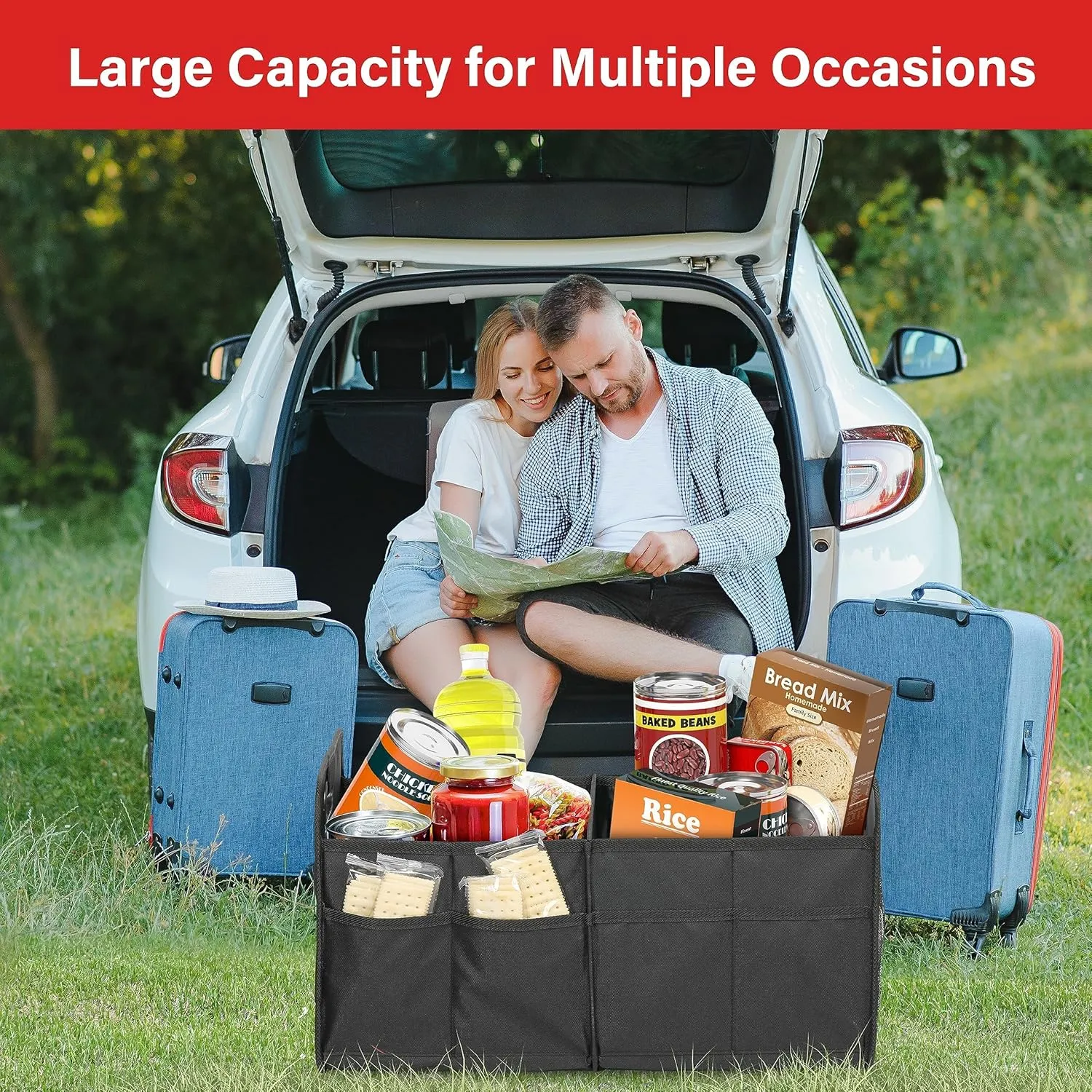 Simple Deluxe 2 Compartments Trunk Organizer for Car/SUV, Collapsible 600D Waterproof Oxford Polyester 50L Storage Box, Anti-slip & Leak-proof, Multipurpose Travel Accessories, Black
