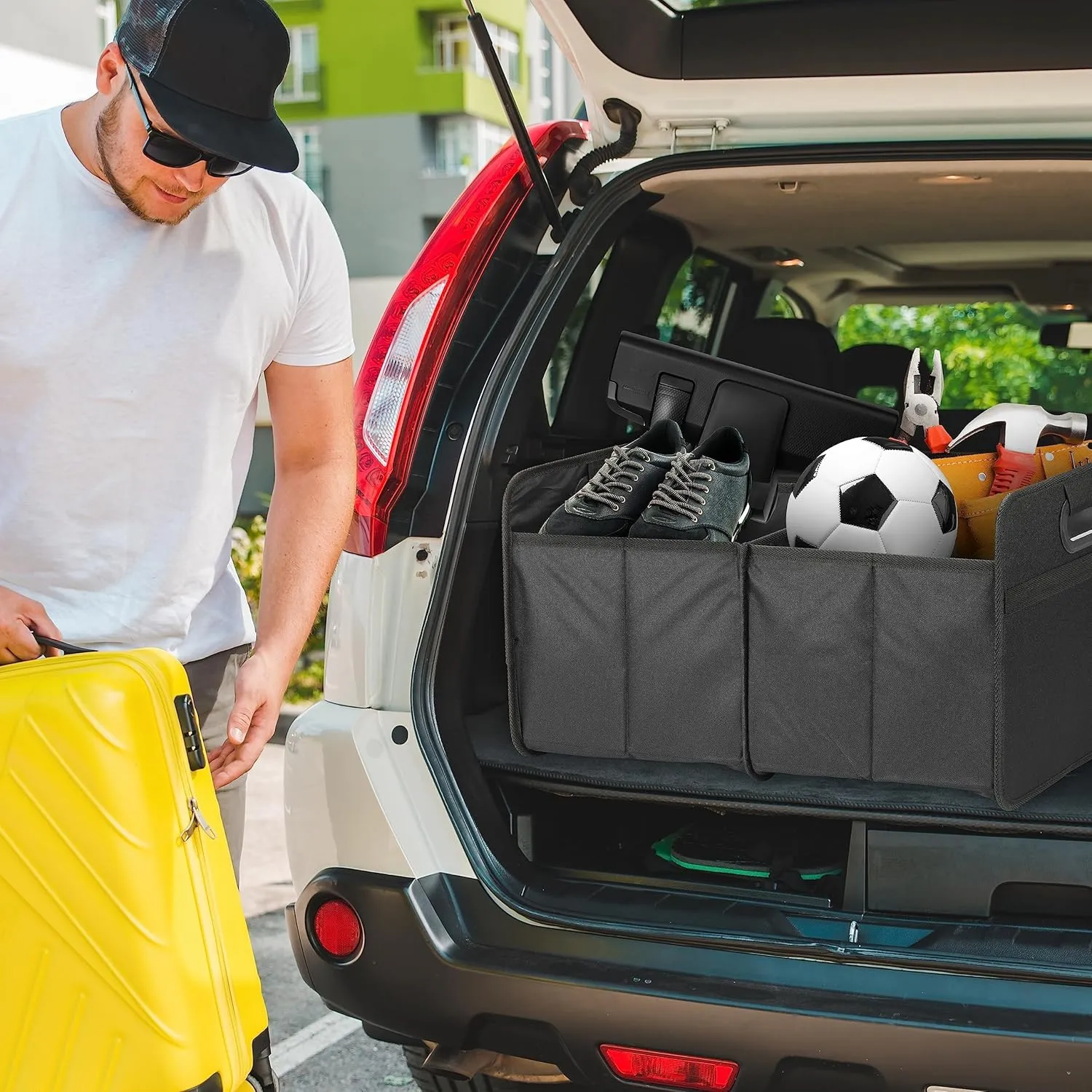 Simple Deluxe 2 Compartments Trunk Organizer for Car/SUV, Collapsible 600D Waterproof Oxford Polyester 50L Storage Box, Anti-slip & Leak-proof, Multipurpose Travel Accessories, Black