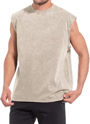 Sleeveless Muscle Cut Off Shirts for Men Gym Workout Running Beach Tank Tops Acid Wash Cotton Tshirt Loose Fit Tees