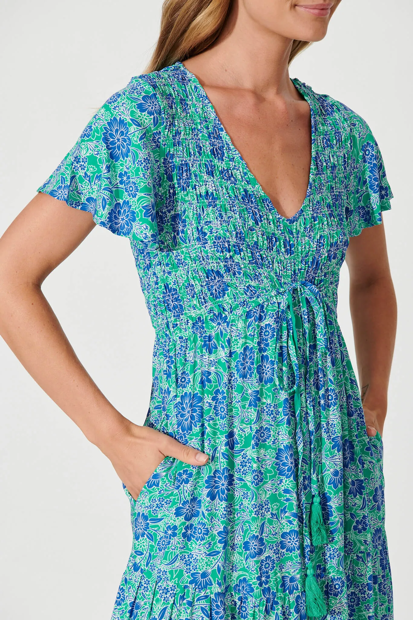 Soul Midi Dress In Blue And Green Border Print