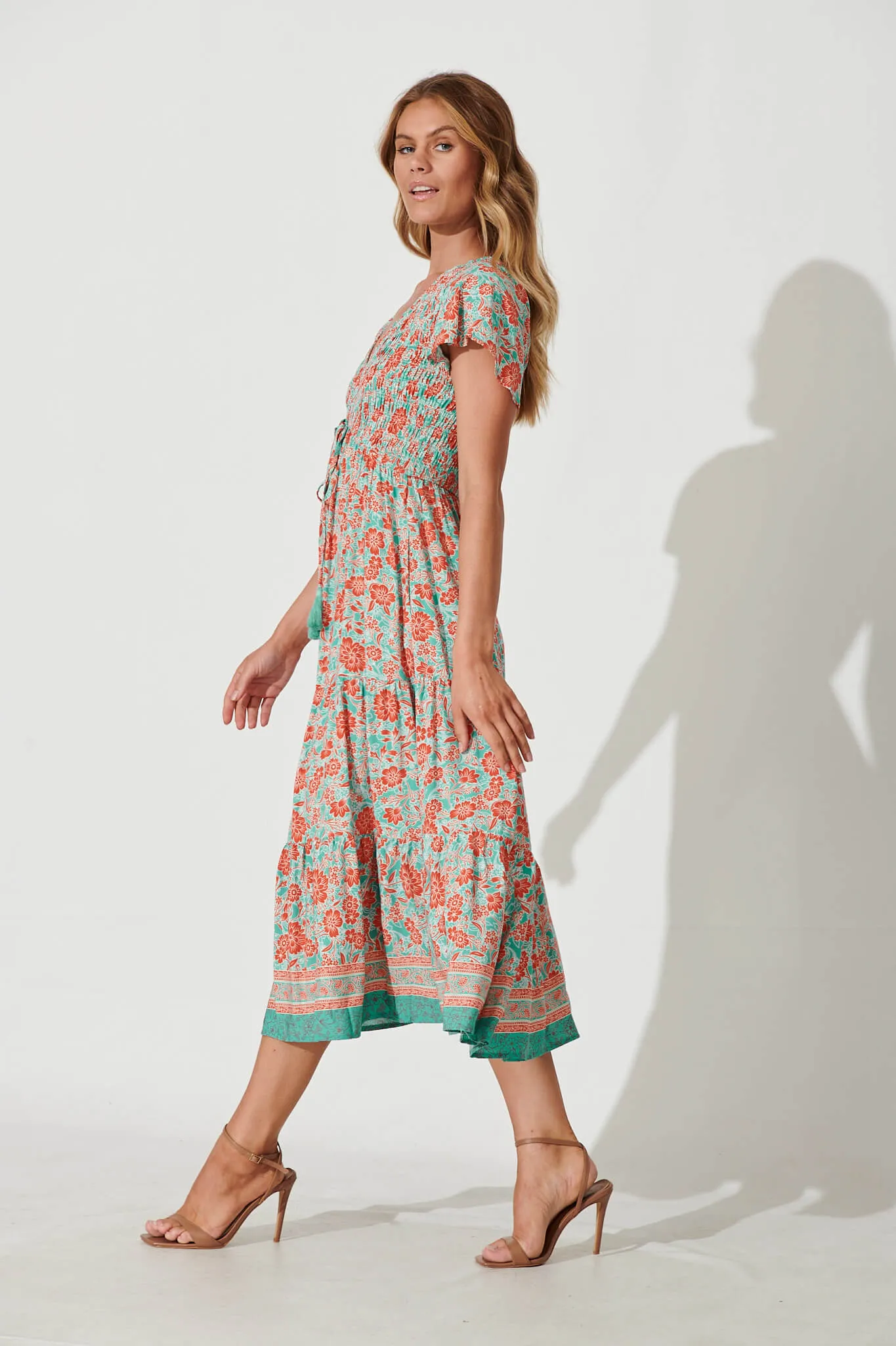 Soul Midi Dress In Rust And Aqua Border Print