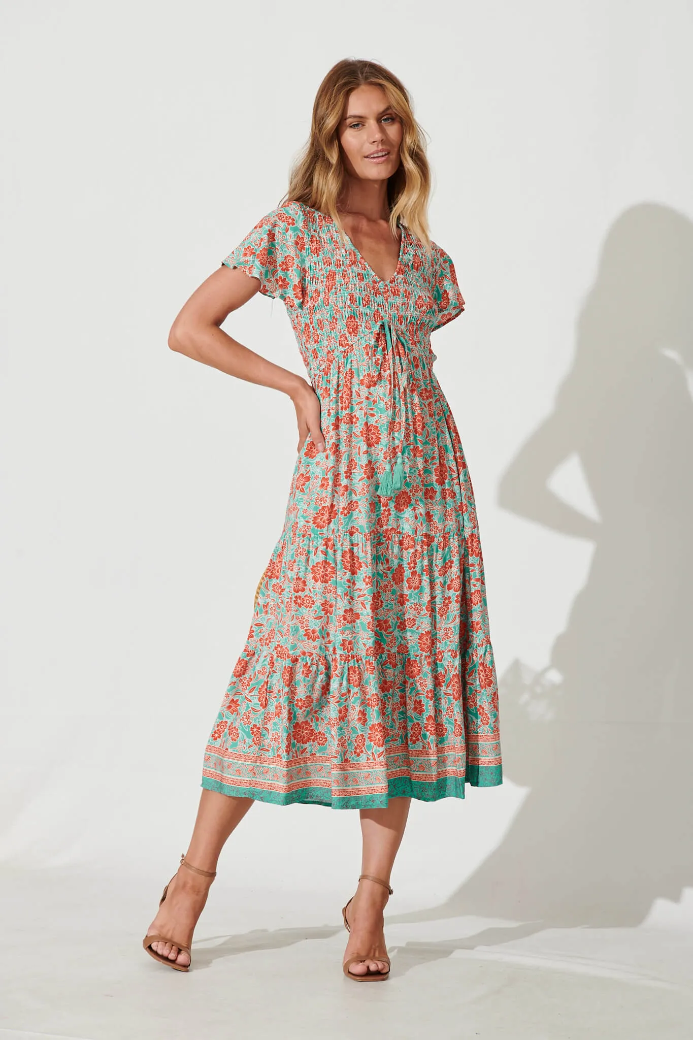 Soul Midi Dress In Rust And Aqua Border Print