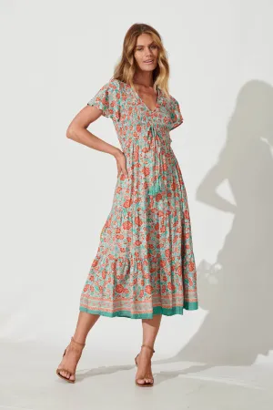 Soul Midi Dress In Rust And Aqua Border Print