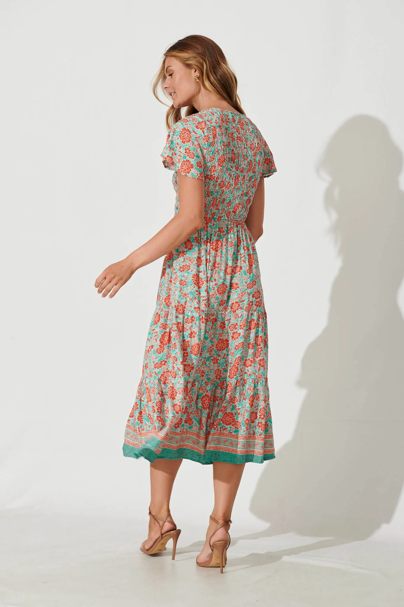 Soul Midi Dress In Rust And Aqua Border Print