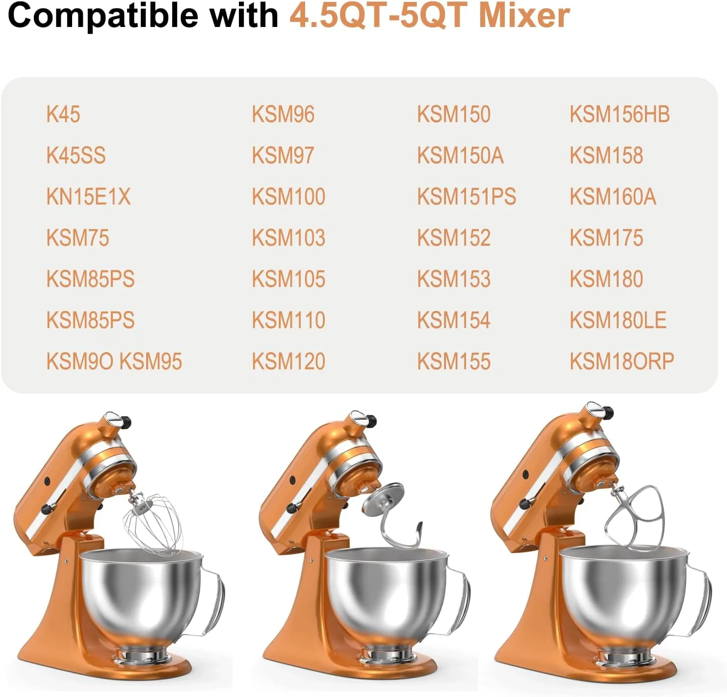 Stainless Steel Stand Mixer Attachments 3-Piece for KitchenAid Mixer and 4.5-5 Quart Bowl (K45WW 6-Wire Whip, 4.5-5QT Flat Beater, 4.5-5QT Dough Hook Attachment)