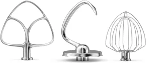 Stainless Steel Stand Mixer Attachments 3-Piece for KitchenAid Mixer and 4.5-5 Quart Bowl (K45WW 6-Wire Whip, 4.5-5QT Flat Beater, 4.5-5QT Dough Hook Attachment)