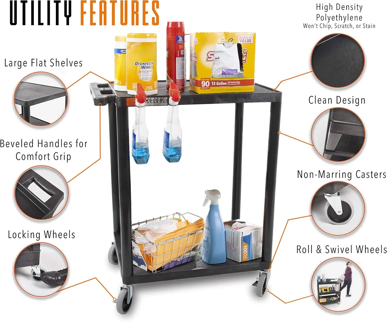 Stand Steady Tubstr 2 Flat Shelf Service Cart, Compact Heavy-Duty Utility Storage, Great for Home, Office, and Warehouse, 24 x 18, Moves Cargo Easily (Black)
