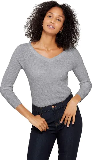 State Cashmere Women’s Easy V-Neck Ribbed Sweater 100% Pure Cashmere 3/4 Sleeve Pullover