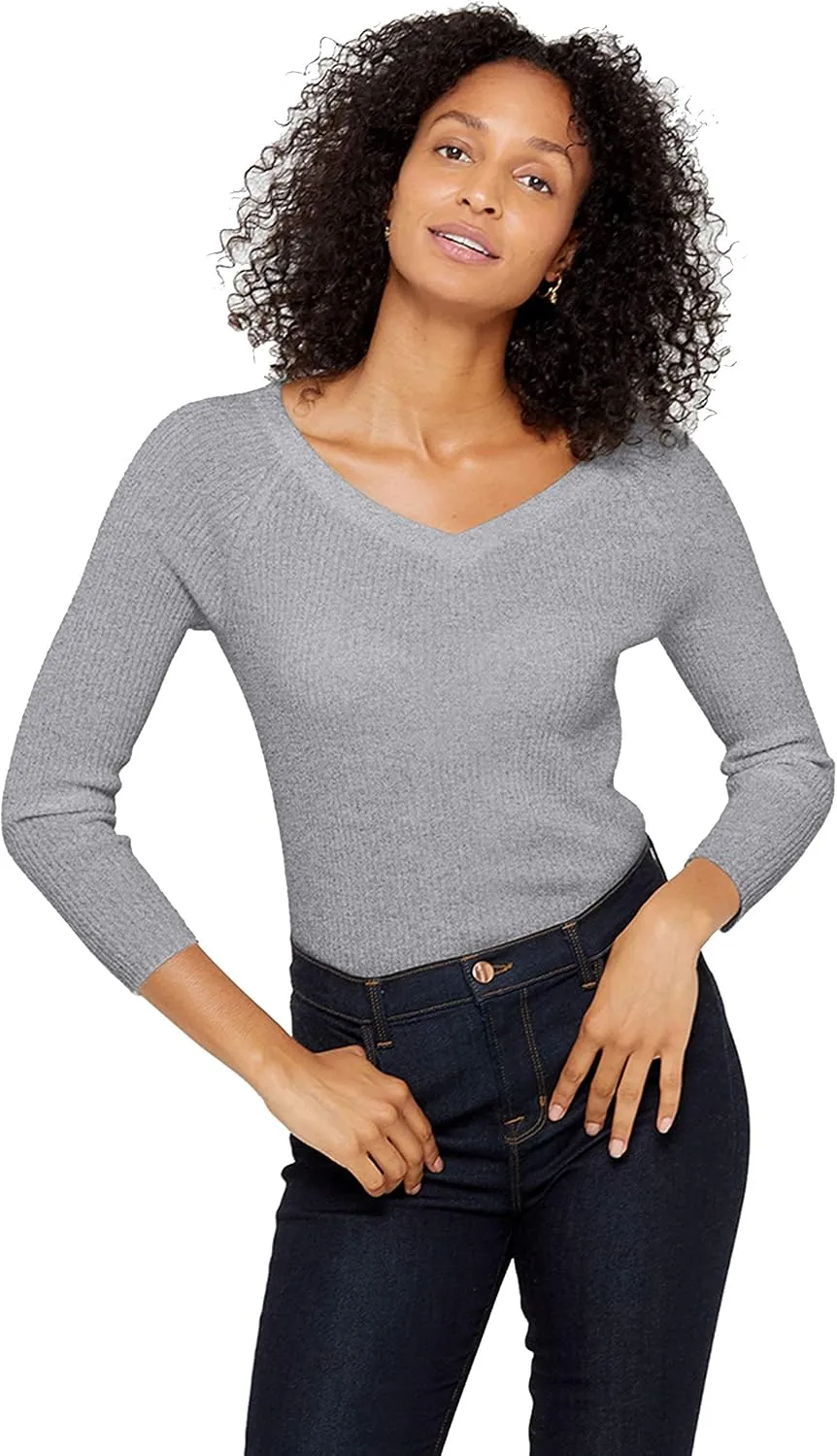 State Cashmere Women’s Easy V-Neck Ribbed Sweater 100% Pure Cashmere 3/4 Sleeve Pullover