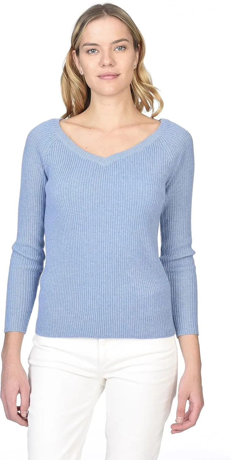 State Cashmere Women’s Easy V-Neck Ribbed Sweater 100% Pure Cashmere 3/4 Sleeve Pullover