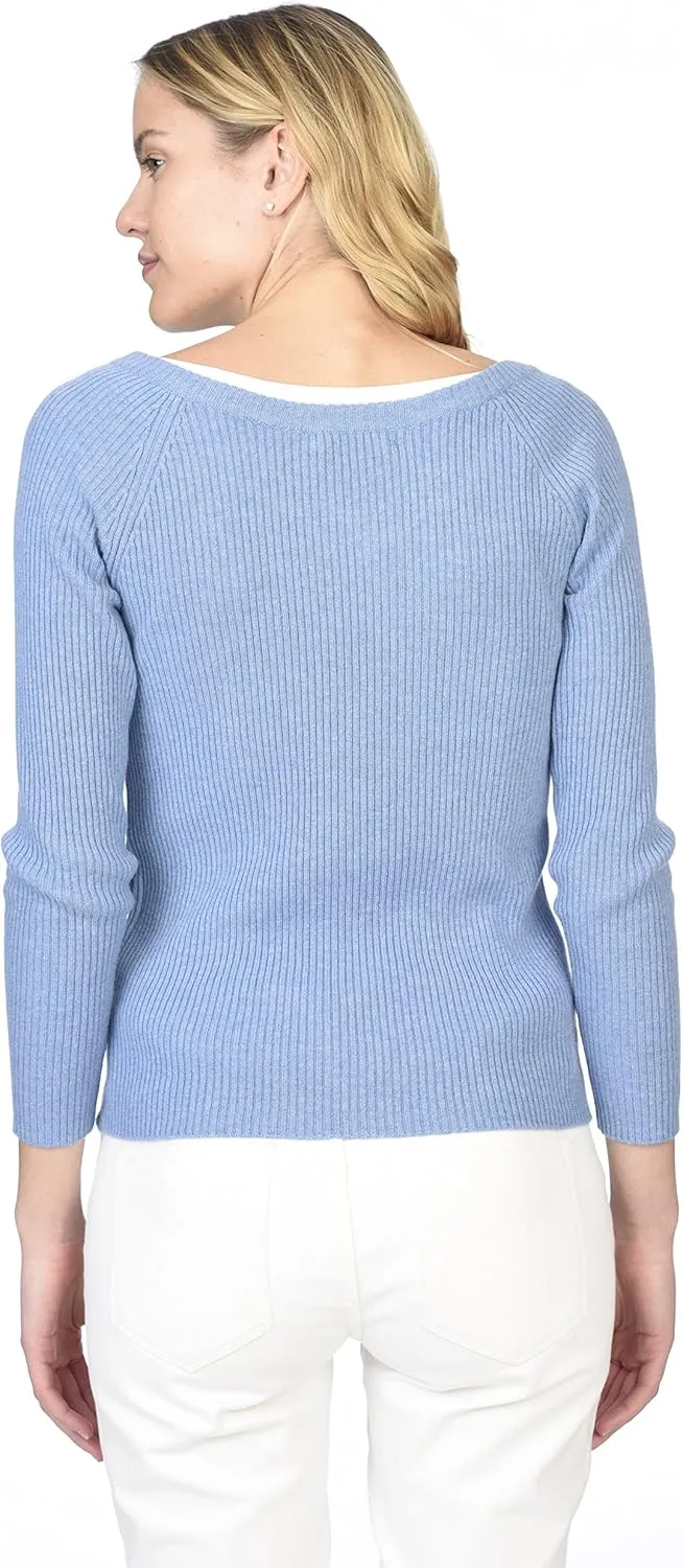 State Cashmere Women’s Easy V-Neck Ribbed Sweater 100% Pure Cashmere 3/4 Sleeve Pullover