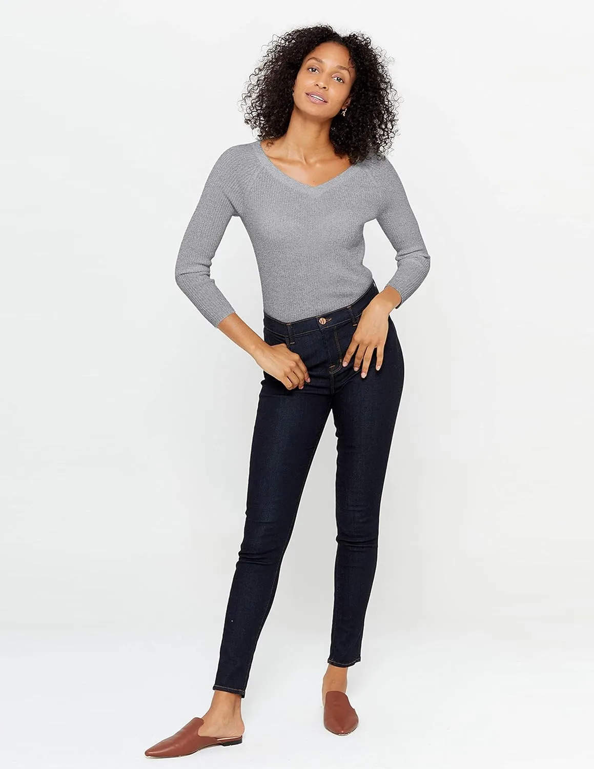 State Cashmere Women’s Easy V-Neck Ribbed Sweater 100% Pure Cashmere 3/4 Sleeve Pullover