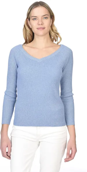 State Cashmere Women’s Easy V-Neck Ribbed Sweater 100% Pure Cashmere 3/4 Sleeve Pullover